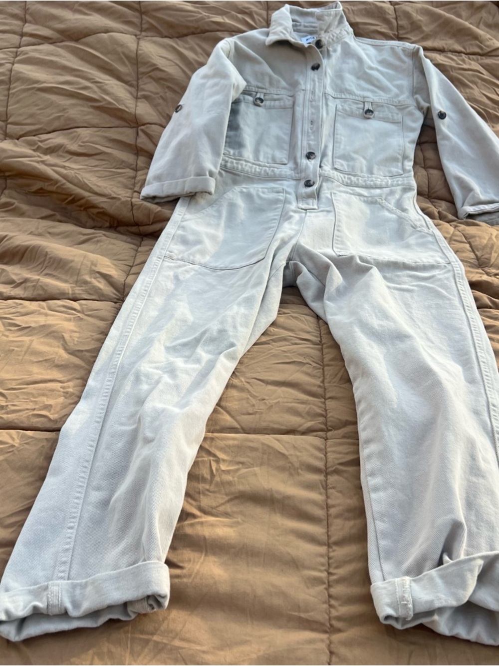 Rita Row Tan Utility Cargo Military Style Jumpsuit Size Missing Buttons XS